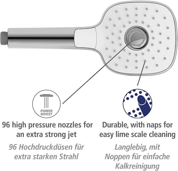 PowerBoost Chrome White Universal Handheld Shower Head with 96 High Pressure Nozzles and 3 Jet Types