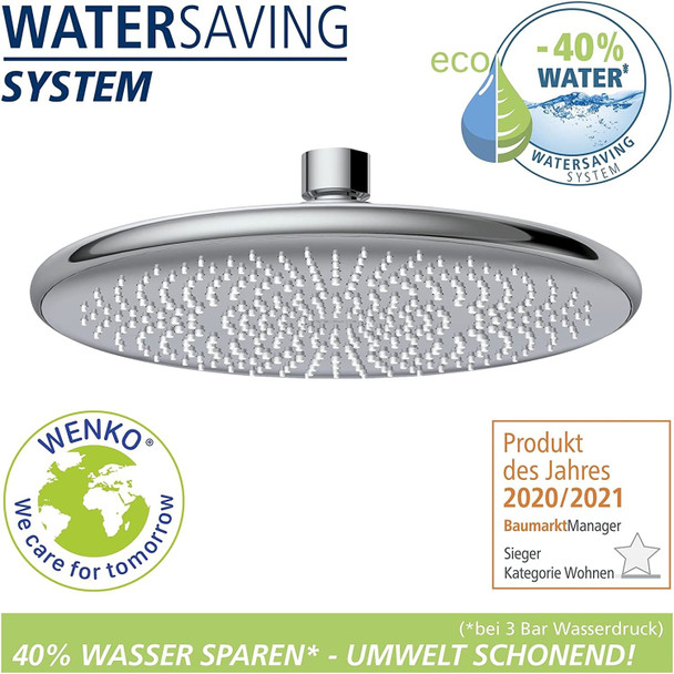 WENKO Rain Shower Head Water Saving Ø 22,5 cm - Universal Shower Head with Water-Saving System, Plastic (ABS), 22.5 x 22.5 cm, Chrome