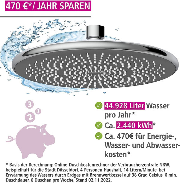 WENKO Rain Shower Head Water Saving Ø 22,5 cm - Universal Shower Head with Water-Saving System, Plastic (ABS), 22.5 x 22.5 cm, Chrome