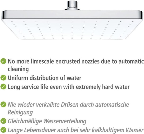 WENKO Shower Head No More Limescale Automatic Cleaning Shower Head Anti-Limescale with Automatic Cleaning Function Rainfall Shower Square Chrome 25 x 17 cm