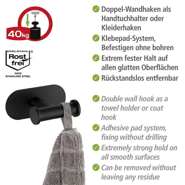 Wenko Turbo-Loc Duo Orea Wall Hook Matt Black with No Drilling Required Double Hooks for Handy Storage of Towels High-Quality Stainless Steel Matte Black 10 x 4.5 x 6.5 cm