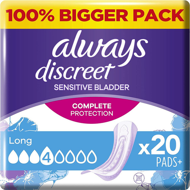 Always Discreet Incontinence Pads Women, Long Plus, 8 Pads, Odour Neutraliser, Complete Protection, For Sensitive Bladder