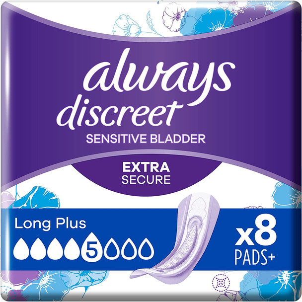 Always Discreet Incontinence Pads Women, Long Plus, 8 Pads, Odour Neutraliser, Complete Protection, For Sensitive Bladder