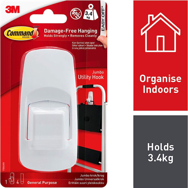 Command Jumbo Utility Hook, Pack of 1 Hook and 4 Adhesive Strips, White - Damage Free Hanging - Holds up to 3.4kg