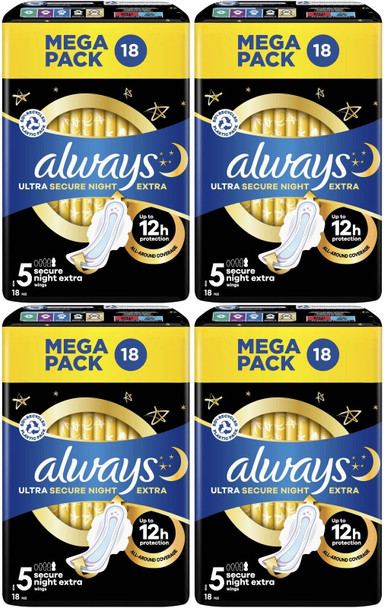 Always Ultra Sanitary Towels with Wings, Secure Night, Size 5, 72 Towels (18 x 4 Packs), MEGA PACK, Odour Neutraliser, Absorbent Core