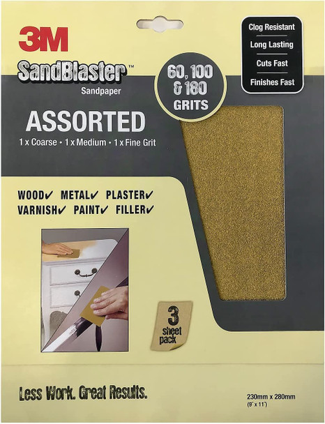 3M 20000UK Assorted Grit Sandblaster Sandpaper Abrasive Sheet - Gold (Pack of 3)