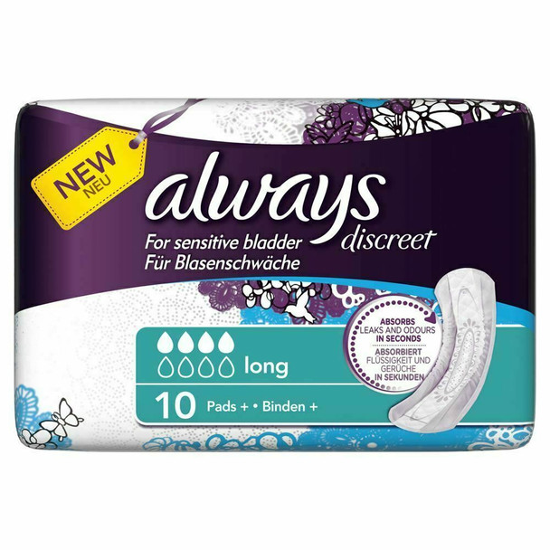 Always Discreet Plus Long Incontinence Pads for Bladder Weakness Pack of 10