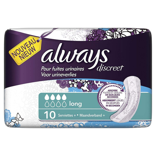 Always Discreet Plus Long Incontinence Pads for Bladder Weakness Pack of 10