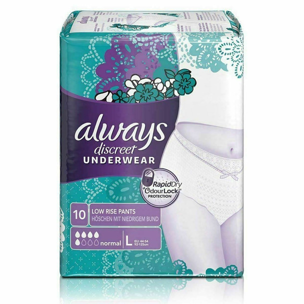 Always Discreet Incontinence Pants Women, Large, 10 Normal Absorbency Pants, Odour Neutraliser, Dress Size 16-22, For Sensitive Bladder