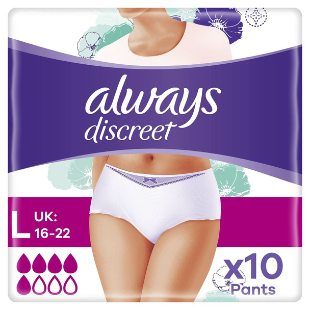 Always Discreet Incontinence Pants Women, Large, 10 Normal Absorbency Pants, Odour Neutraliser, Dress Size 16-22, For Sensitive Bladder