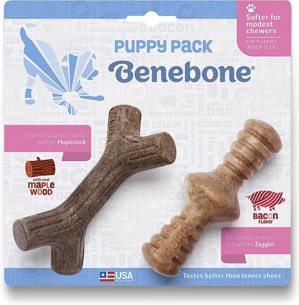 Benebone Puppy Tiny 2-Pack Durable Maplestick/Zaggler for Aggressive Chewers, Real Bacon, Made in the USA.