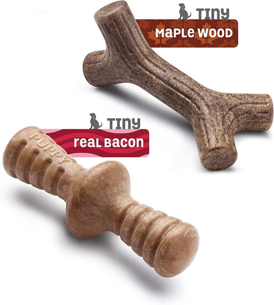 Benebone Puppy Tiny 2-Pack Durable Maplestick/Zaggler for Aggressive Chewers, Real Bacon, Made in the USA.