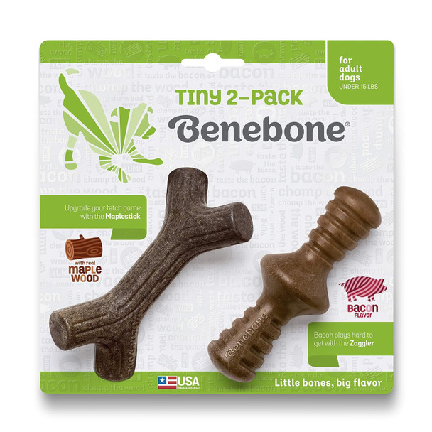 Benebone Tiny 2-Pack Durable Maplestick/Zaggler for Aggressive Chewers, Real Bacon, Made in the USA