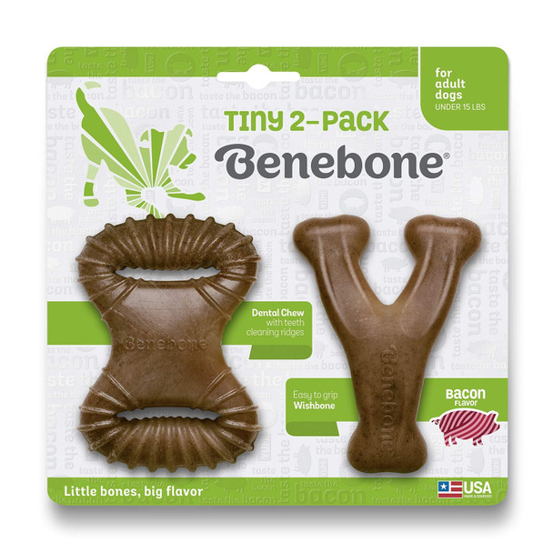 Benebone Tiny 2-Pack Durable Dental Chew/Wishbone for Aggressive Chewers, Real Bacon, Made in the USA