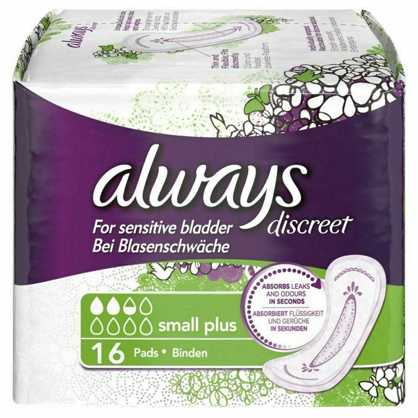 Always Discreet, Incontinence pad for weak Bladder, Small, 16 Count (Pack of 2)