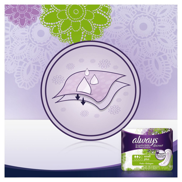 Always Discreet, Incontinence pad for weak Bladder, Small, 16 Count (Pack of 2)