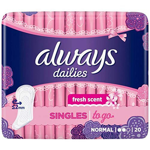 Always Dailies Singles to Go Panty Liners 20 Fresh Liners, Flexible and Comfortable, Individually Wrapped, Feel Fresh