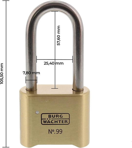 Burg-Wächter No. 99 Ni 50 HB 65 SB Combination Padlock Brass Shackle Thickness 7.9 mm Shackle Height 57 mm