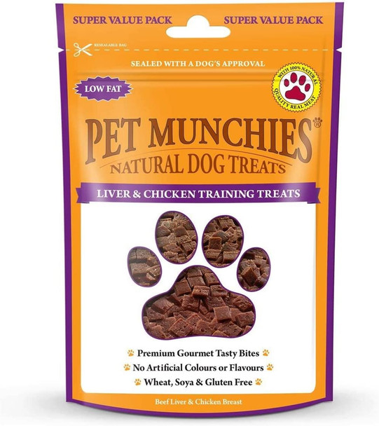 Pet Munchies Liver and Chicken Dog Training Treats, Grain Free Tasty Bites with Natural Real Meat, Low in Fat and High in Protein 150g