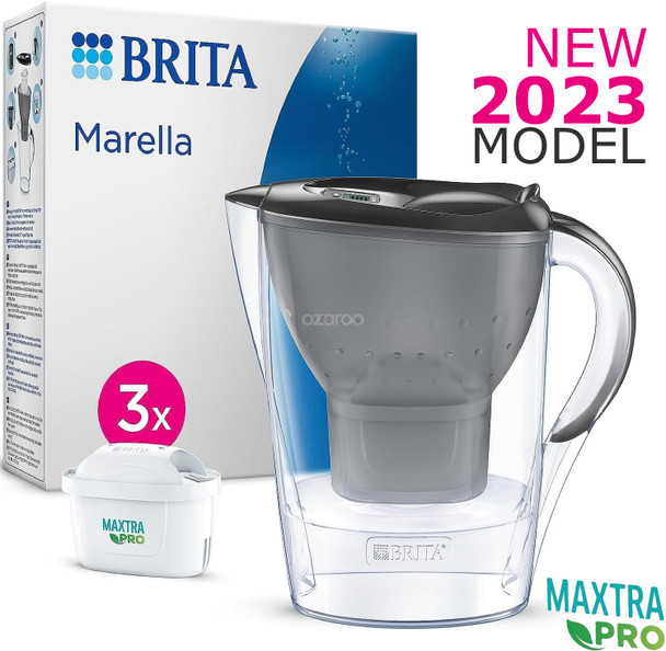 BRITA Marella Water Filter Jug Graphite (2.4L) Starter Pack incl. 3x MAXTRA PRO All-in-1 cartridge - fridge-fitting jug with digital LTI and Flip-Lid - now in sustainable Smart Box packaging