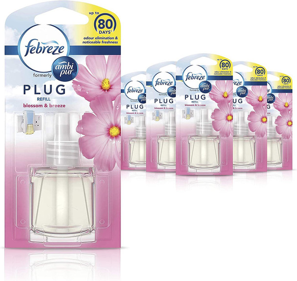 Febreze Ambi Pur Air Freshener Plug-In Diffuser Refill, Odour Eliminator, Blossom & Breeze, 20ml, Pack of 6