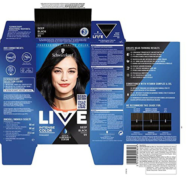 3 x Schwarzkopf Live Color XXL Colour Intense Permanent Coloration 99 Deep Black