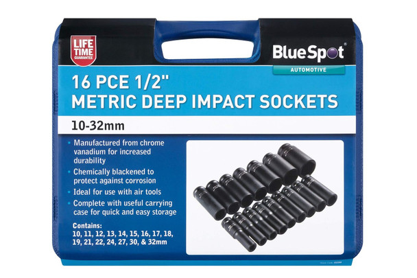 Bluespot 01550 16pce 1/2" Metric Deep Impact Sockets (10-32mm)