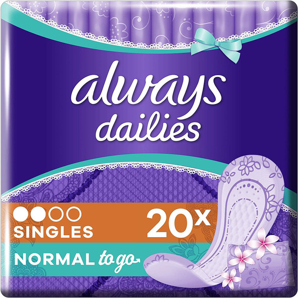 Always Dailies Singles Normal To Go Panty Liners Fresh, Flexible And Comfortable, Individually Wrapped, Feel Fresh, 20 Count (Pack of 1)