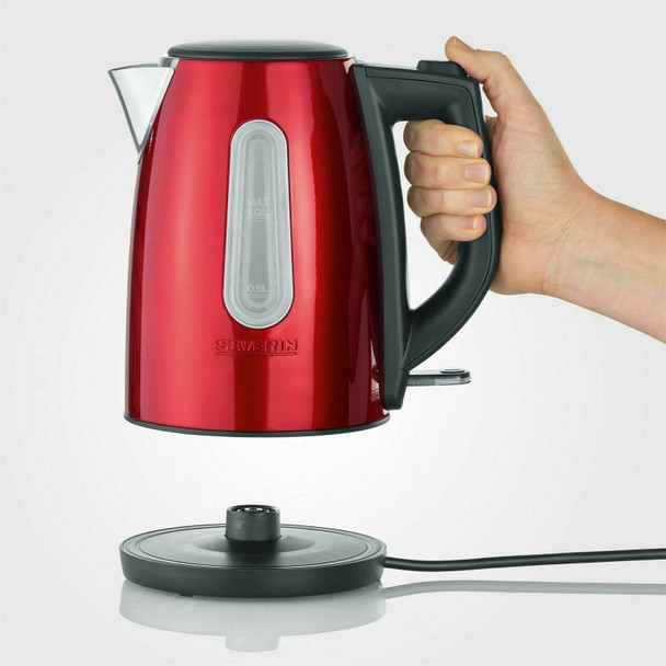 SEVERIN 3417-000 WK 3417 Kettle 2200 W Approx. 1.0 L, 360° central cordless system, large lid opening, washable limescale filter, 1 litre, brushed stainless steel black/red metallic