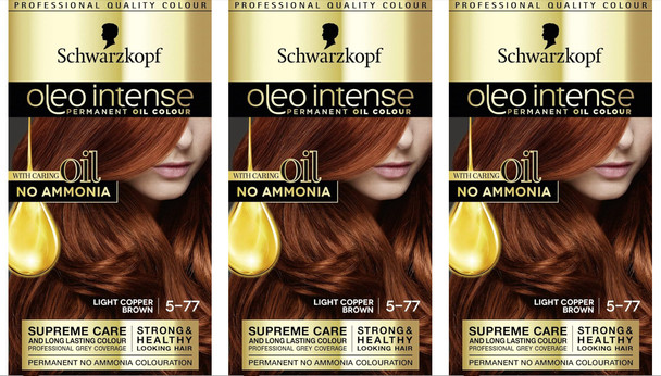 3 x Schwarzkopf Oleo Intense Permanent Hair Dye Shade Light Copper Brown 5-77