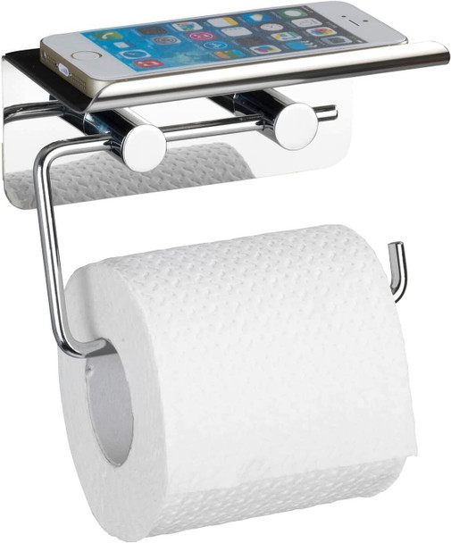WENKO Toilet Paper Holder with Shelf, Stainless steel, Silver Shiny, 7 x 14 x 11.5 cm