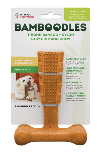 Peanut Butter T Bone Medium Bamboodles Dog Chew Toy