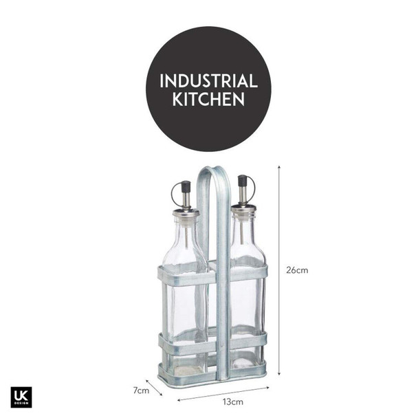 KitchenCraft Industrial Kitchen Vintage-Style Cruet Set with Galvanised Steel Bottle Stand, 13 x 7 x 28 cm (5" x 2.5" x 11")