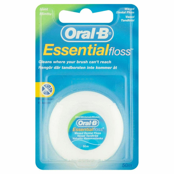 Oral-B Essential Dental Floss Mint Waxed 50m, Medium - Removes Plaque & Bacteria