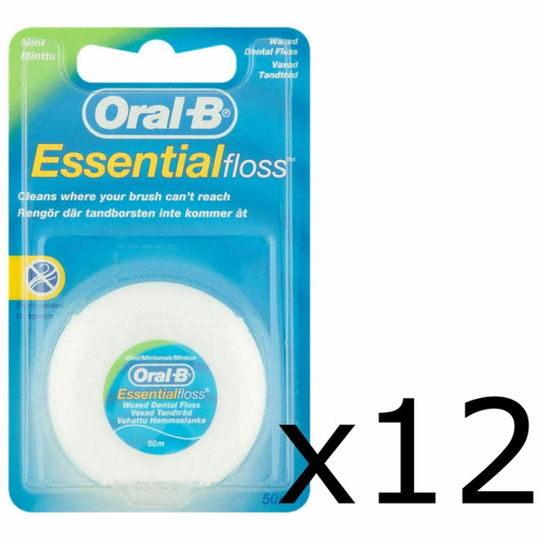 12 Oral-B Essential Dental Floss Mint Waxed 50m Medium Removes Plaque & Bacteria