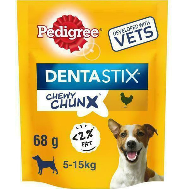 Pedigree Dentastix Chewy Chunx Mini Dog Treat Chicken Flavour. Pack of 10x 68g (2 Boxes). Helps clean dogs teeth.