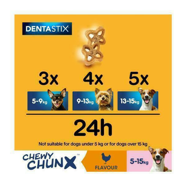 Pedigree Dentastix Chewy Chunx Mini Dog Treat Chicken Flavour. Pack of 10x 68g (2 Boxes). Helps clean dogs teeth.