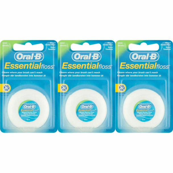 3 x Oral-B Essential Dental Floss Mint Waxed 50m Medium Remove Plaque & Bacteria