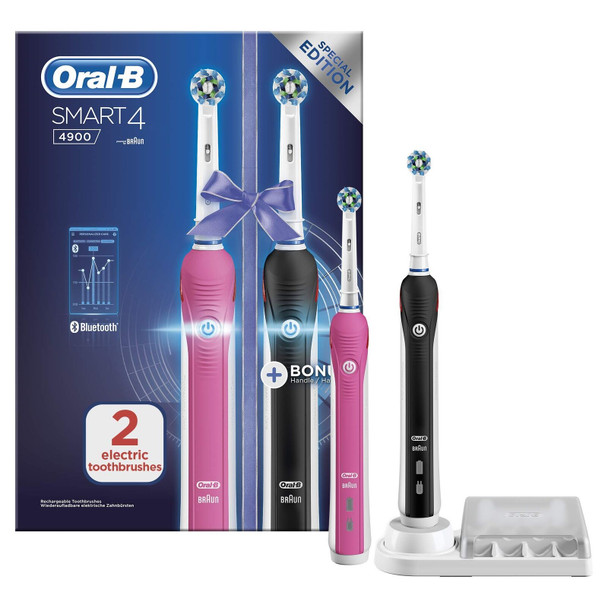 Oral-B Smart 4 2x Electric Toothbrushes with Smart Pressure Sensor, App Connected Handles & 2 Toothbrush Heads, 3 Modes with Teeth Whitening, Gifts for Women/Men, 2 Pin UK Plug, 4900, Pink/Black