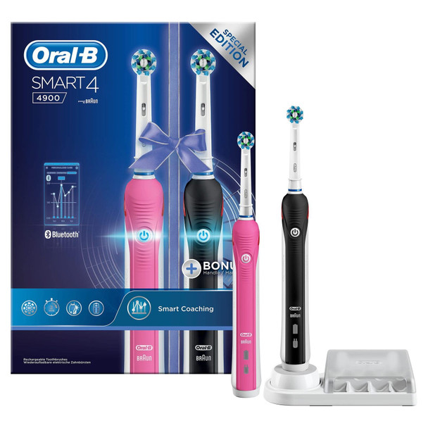 Oral-B Smart 4 2x Electric Toothbrushes with Smart Pressure Sensor, App Connected Handles & 2 Toothbrush Heads, 3 Modes with Teeth Whitening, Gifts for Women/Men, 2 Pin UK Plug, 4900, Pink/Black