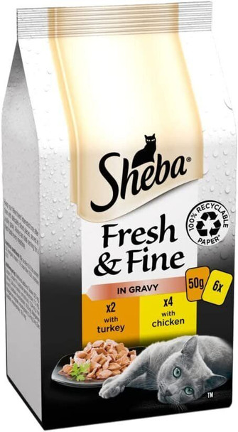 Sheba Fresh & Fine Pouches Chicken & Turkey in Gravy, 6 x 50g