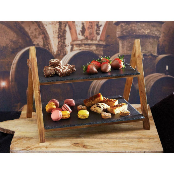 Artesa Acacia Wood and Slate Two Tier Serving Stand, 40 x 30 x 25 cm
