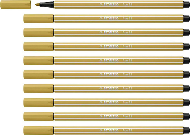 Premium Fibre-Tip Pen - STABILO Pen 68 - Pack of 10 - Khaki