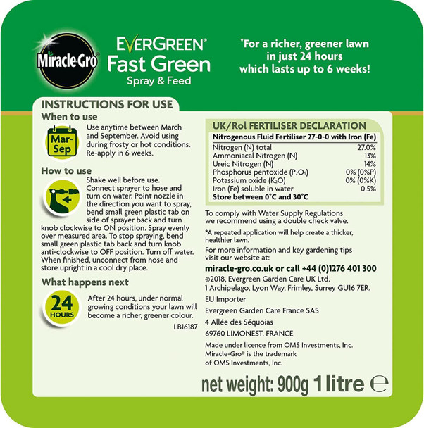 Miracle-Gro 119665 EverGreen Fast Green Spray & Feed, Liquid Lawn Food, 1 Litre, Clear