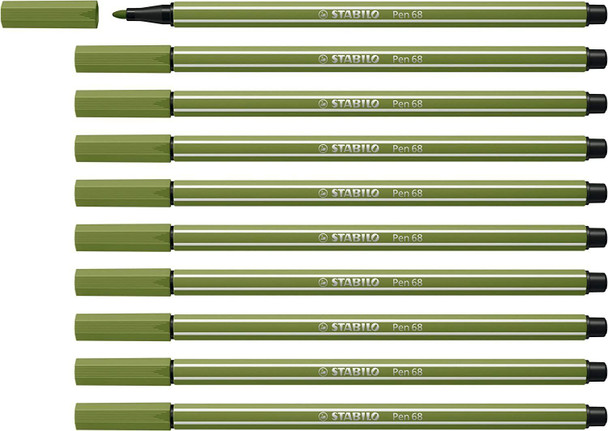 Premium Fibre-Tip Pen - STABILO Pen 68 - Pack of 10 - Moss Green