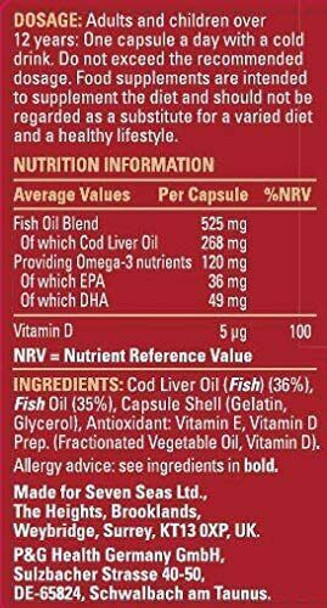 Seven Seas Cod Liver Oil Tablets With Omega-3, Fish Oil, One A Day, 4 Months Supply (120 Capsules), EPA & DHA, With High Strength Vitamin D & A