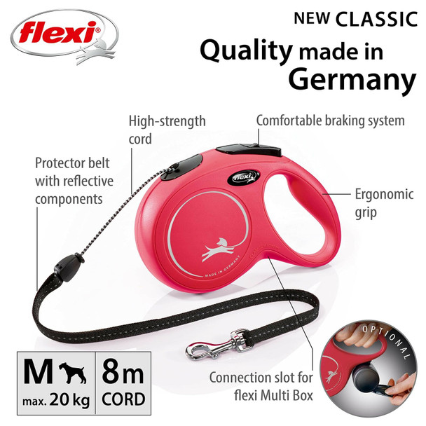 Flexi New Classic Cord Red Medium 8m Retractable Dog Leash/Lead for dogs up to 20kgs/44lbs