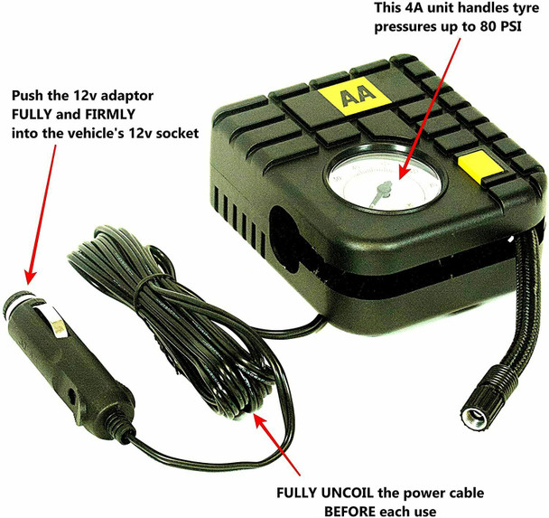 AA Car Essentials 12V Compact Tyre Inflator For Cars Vans Motorbikes & Vehicles