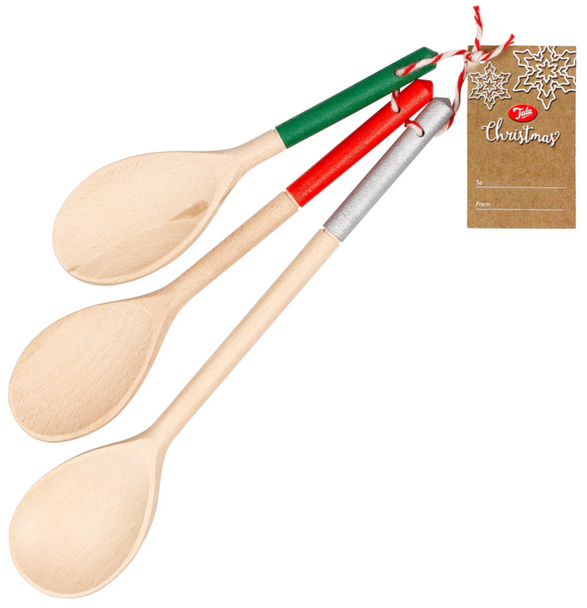 Tala Festive Coloured Wooden Spoons, Set of 3, Red, Sage Green and Silver Hand Painted Ends, FSC Wood, 20cm, 25cm and 30cm