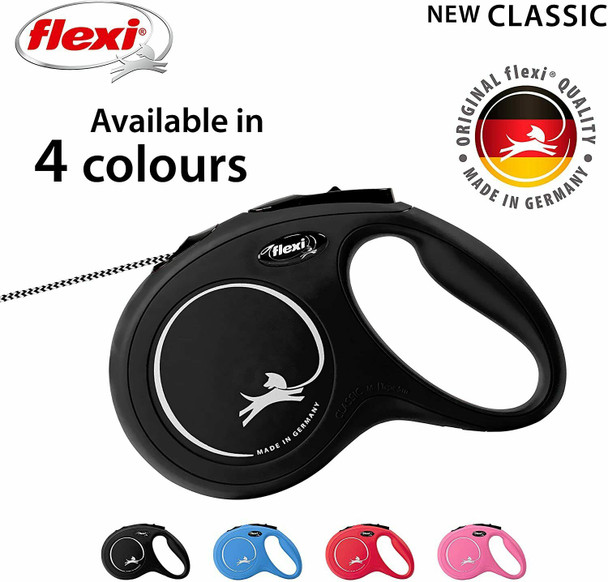 Flexi New Classic Cord Black Medium 5m Retractable Dog Leash/Lead for dogs up to 20kgs/44lbs